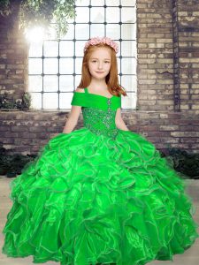 Straps Sleeveless Pageant Gowns For Girls Floor Length Beading and Ruffles Organza