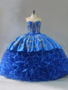 Amazing Sweetheart Sleeveless 15 Quinceanera Dress Embroidery and Ruffles Royal Blue Fabric With Rolling Flowers