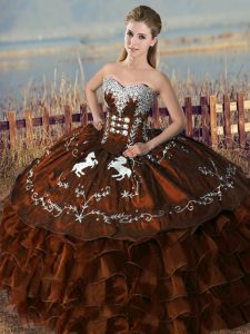 Brown Sleeveless Satin and Organza Lace Up Vestidos de Quinceanera for Sweet 16 and Quinceanera