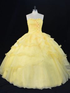 Eye-catching Floor Length Ball Gowns Sleeveless Yellow Sweet 16 Dress Lace Up