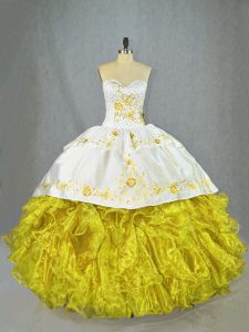 Yellow Ball Gowns Sweetheart Sleeveless Satin and Organza Brush Train Lace Up Beading and Embroidery and Ruffles Sweet 16 Dress