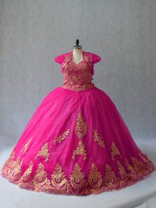 Smart Sweetheart Sleeveless Court Train Lace Up Quinceanera Dress Hot Pink Tulle