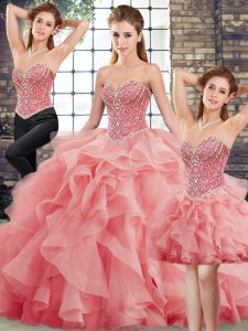 Sweetheart Sleeveless Quince Ball Gowns Brush Train Beading and Ruffles Watermelon Red Tulle