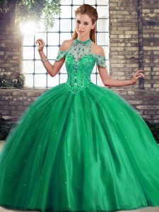 Low Price Green Sleeveless Tulle Brush Train Lace Up Quince Ball Gowns for Military Ball and Sweet 16 and Quinceanera