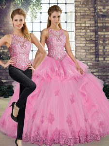 Scoop Sleeveless Tulle Quinceanera Dress Lace and Embroidery and Ruffles Lace Up