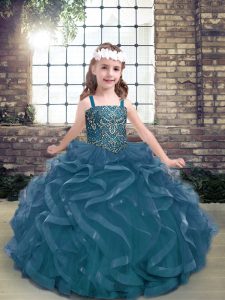 Blue Sleeveless Floor Length Beading and Ruffles Lace Up Child Pageant Dress