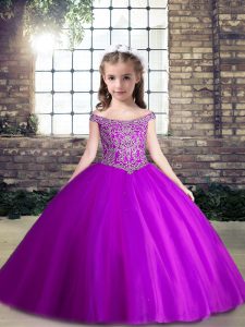 Perfect Floor Length Purple Little Girls Pageant Gowns Tulle Sleeveless Beading