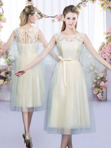 Sumptuous Tea Length Champagne Court Dresses for Sweet 16 Scoop Sleeveless Lace Up