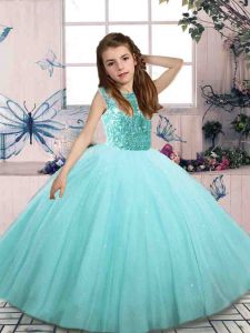 Fashion Tulle Sleeveless Floor Length Little Girls Pageant Gowns and Beading