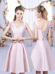 Sleeveless Mini Length Bowknot Lace Up Quinceanera Court Dresses with Baby Pink