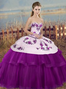 Custom Design White And Purple Sweetheart Neckline Embroidery and Bowknot Quince Ball Gowns Sleeveless Lace Up