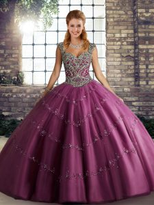 Fuchsia Sleeveless Tulle Lace Up Sweet 16 Dress for Military Ball and Sweet 16 and Quinceanera