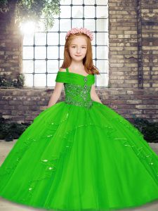 Green Tulle Lace Up Straps Sleeveless Floor Length Child Pageant Dress Beading