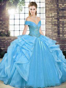 Beading and Ruffles 15th Birthday Dress Baby Blue Lace Up Sleeveless Floor Length