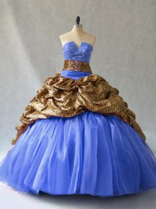 Modern Blue Ball Gowns V-neck Sleeveless Organza and Printed Brush Train Lace Up Beading and Pick Ups Quinceanera Gown