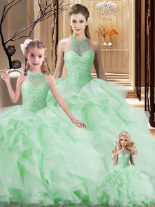 Clearance Halter Top Sleeveless Organza 15th Birthday Dress Beading and Ruffles Brush Train Lace Up