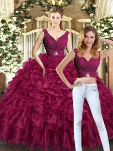 Floor Length Burgundy 15th Birthday Dress Organza Sleeveless Beading and Ruffles