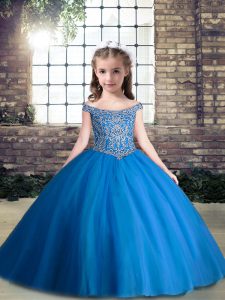 Charming Floor Length Lace Up Child Pageant Dress Blue for Party and Wedding Party with Beading