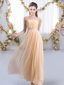 Peach Quinceanera Court of Honor Dress Wedding Party with Beading Strapless Sleeveless Sweep Train Lace Up