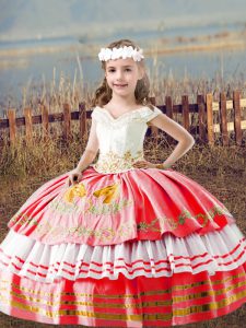 Watermelon Red Satin Lace Up Kids Pageant Dress Sleeveless Floor Length Embroidery
