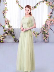 Yellow Green Side Zipper Scoop Lace and Belt Quinceanera Court of Honor Dress Tulle Short Sleeves