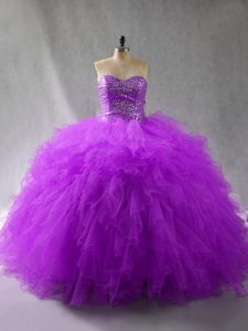 Beauteous Purple Ball Gowns Tulle Sweetheart Sleeveless Beading and Ruffles Floor Length Lace Up Sweet 16 Quinceanera Dress