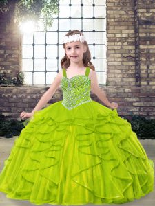 Ball Gowns Tulle Straps Sleeveless Beading and Ruffles Floor Length Lace Up Little Girls Pageant Dress