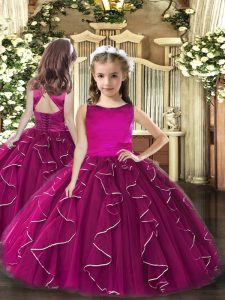 Fuchsia Scoop Lace Up Ruffles Kids Formal Wear Sleeveless