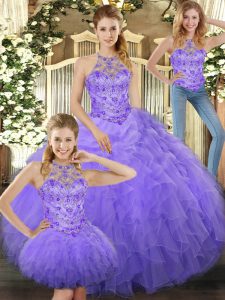 Tulle Halter Top Sleeveless Lace Up Beading and Ruffles 15 Quinceanera Dress in Lavender