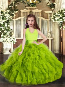 Green Ball Gowns Tulle Halter Top Sleeveless Ruffles Floor Length Lace Up Kids Pageant Dress