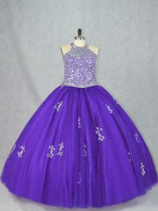 Purple Quinceanera Dresses Sweet 16 and Quinceanera with Beading and Appliques Halter Top Sleeveless Lace Up