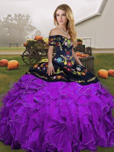 Fashion Black And Purple Sleeveless Organza Lace Up Quinceanera Gowns for Military Ball and Sweet 16 and Quinceanera