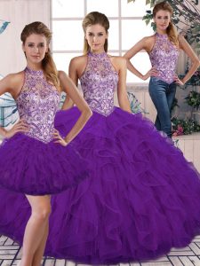 Elegant Halter Top Sleeveless 15th Birthday Dress Floor Length Beading and Ruffles Purple Tulle