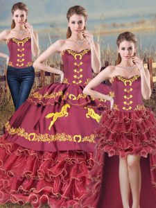 Burgundy Three Pieces Satin and Organza Sweetheart Sleeveless Embroidery and Ruffles Lace Up Quinceanera Dresses Brush Train