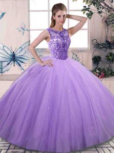 Lavender Tulle Lace Up Vestidos de Quinceanera Sleeveless Floor Length Beading