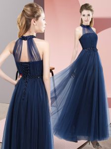 Super Navy Blue Empire Tulle Halter Top Sleeveless Beading and Appliques Floor Length Lace Up Dama Dress for Quinceanera