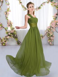 Classical One Shoulder Sleeveless Lace Up Court Dresses for Sweet 16 Olive Green Chiffon