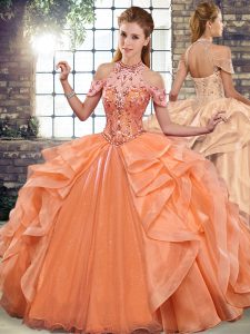 Nice Sleeveless Floor Length Beading and Ruffles Lace Up Quinceanera Gown with Orange