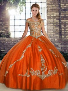 Sleeveless Floor Length Beading and Embroidery Lace Up 15 Quinceanera Dress with Orange Red