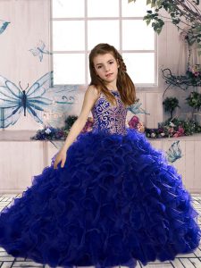 Graceful Royal Blue Lace Up Scoop Beading and Ruffles Girls Pageant Dresses Organza Sleeveless