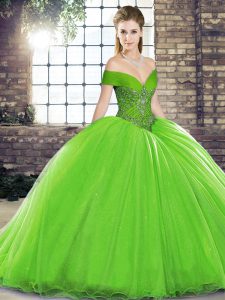 Fine Organza Off The Shoulder Sleeveless Brush Train Lace Up Beading 15 Quinceanera Dress in