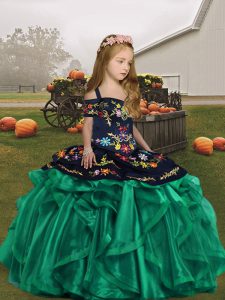 Sleeveless Organza Floor Length Lace Up Child Pageant Dress in Turquoise with Embroidery