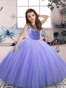 Classical Lavender Ball Gowns Tulle Scoop Sleeveless Beading Floor Length Lace Up Kids Pageant Dress