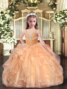 Fashion Peach Sleeveless Floor Length Beading and Ruffles Lace Up Girls Pageant Dresses