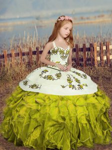 Straps Sleeveless Little Girls Pageant Dress Wholesale Floor Length Embroidery and Ruffles Olive Green Organza