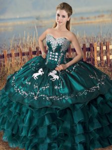 Shining Peacock Green Sweet 16 Dresses Sweet 16 and Quinceanera with Embroidery and Ruffles Sweetheart Sleeveless Lace Up