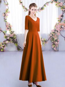 Rust Red Empire Ruching Quinceanera Dama Dress Zipper Satin Half Sleeves Ankle Length