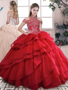 Attractive Floor Length Red Ball Gown Prom Dress Organza Sleeveless Beading and Ruffled Layers