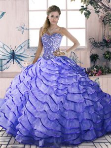 Lace Up 15 Quinceanera Dress Lavender for Sweet 16 and Quinceanera with Beading and Ruffled Layers Brush Train