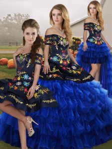 Exquisite Blue And Black Ball Gowns Organza Off The Shoulder Sleeveless Embroidery and Ruffled Layers Floor Length Lace Up Quinceanera Dresses